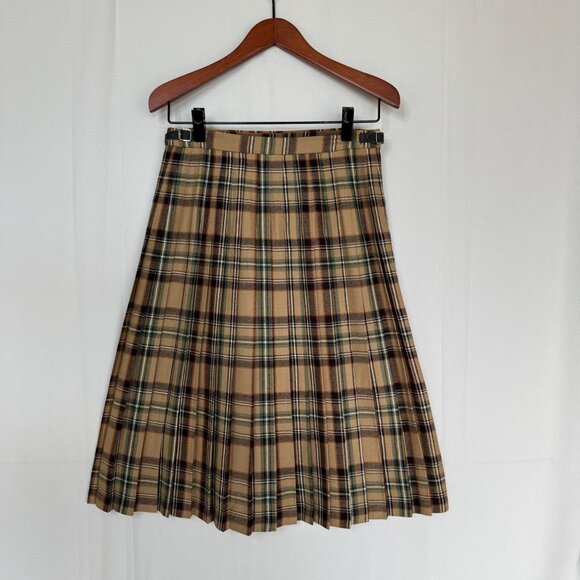 Vintage 80s The Edinburgh Woolen Mill Tan Plaid Pleated Wrap Midi Skirt Size 8 - Picture 7 of 13
